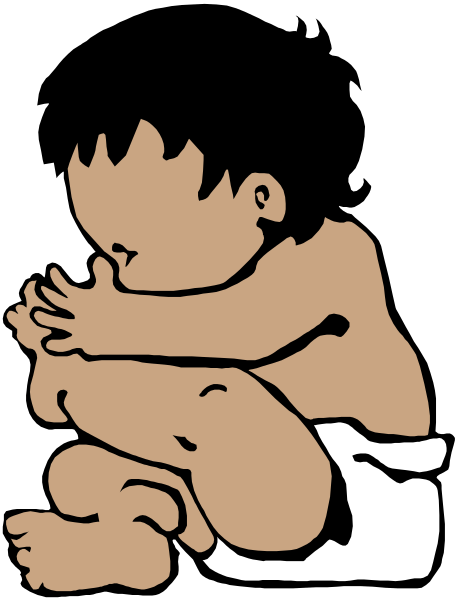 The black and white illustration shows a baby sitting on its knees with hands clasped together over their face as if crying or in deep thought.