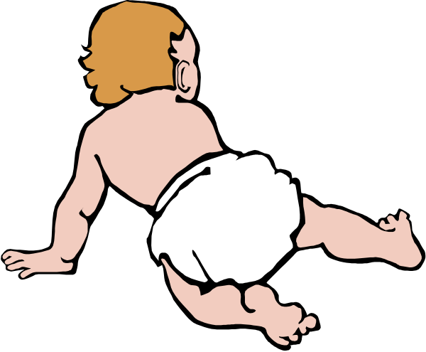 The image shows a cartoon of an infant lying on its stomach with arms outstretched as if reaching for something off-screen.