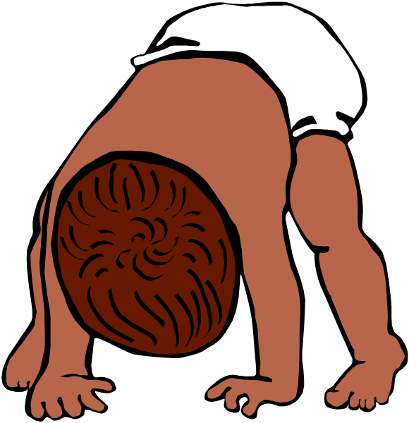 The image shows a cartoon of an infant with its head on upside down, appearing to be bowing before another figure that is also depicted in red silhouette against black backgrounds.