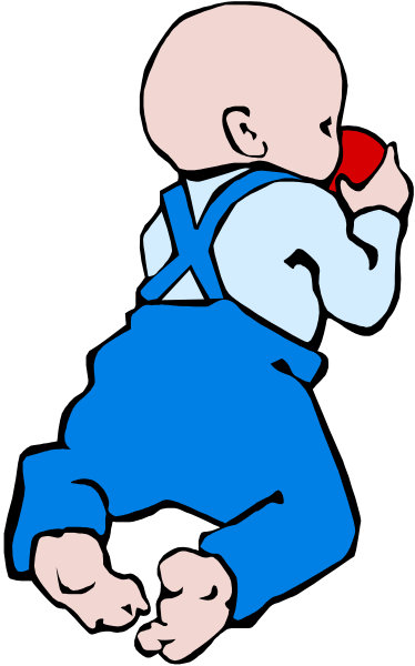 The image shows a cartoon of an infant with blue overalls holding onto something red while standing against a black background.