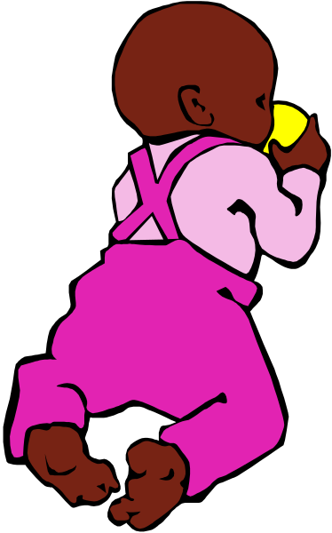 The image shows a baby wearing pink overalls sitting on an adult's lap with its back to us; we can see only one arm of the person holding it up against their chest.