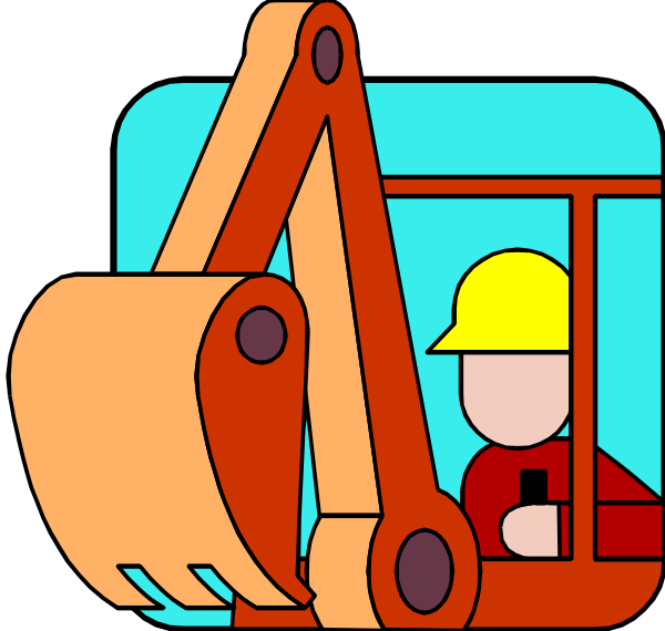 The illustration shows a red construction vehicle with an open door through which we can see inside where there is a person wearing a yellow hard hat sitting at what appears to be controls for operating the machine.