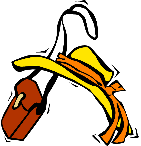 The image shows a black and white cartoon of two cowboy hats with red bandanas on them placed side by side against a dark background; one hat is tilted to show its interior while the other has an orange ribbon tied around it, suggesting that these might be prizes or awards.
