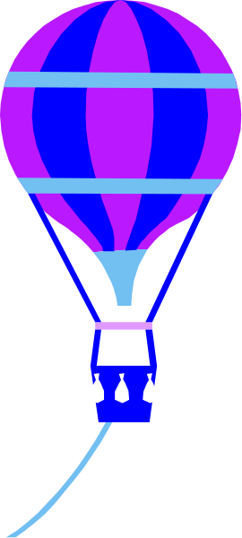 The image shows a purple hot air balloon with blue stripes on it attached to an unseen basket by ropes, set against a dark background that transitions from black at top left corner to gray in center right and then back to black again near bottom right.