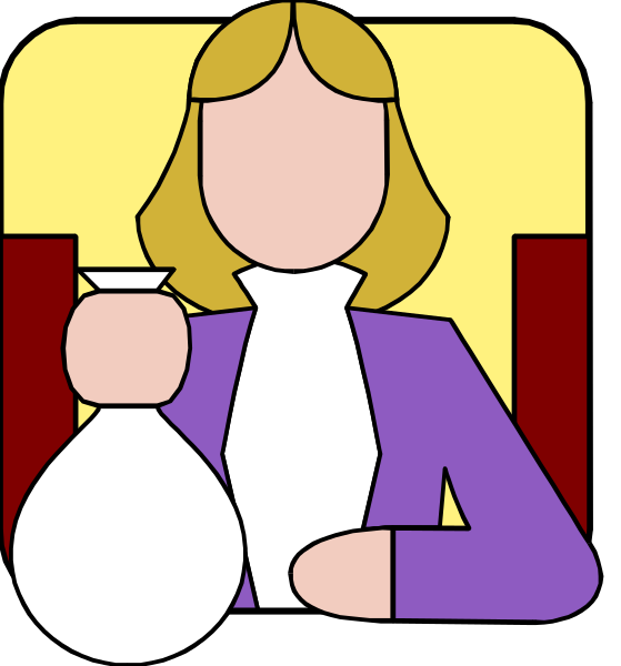 The illustration shows a woman sitting at a table with her hands on it; she is holding an object that resembles a vase in one hand while pouring from another bottle-like container into what appears to be a cup, which could also represent a wine glass or mug. She has blonde hair and wears glasses over her eyes. The background suggests the setting might be indoors with warm lighting; there is no text present on this image.