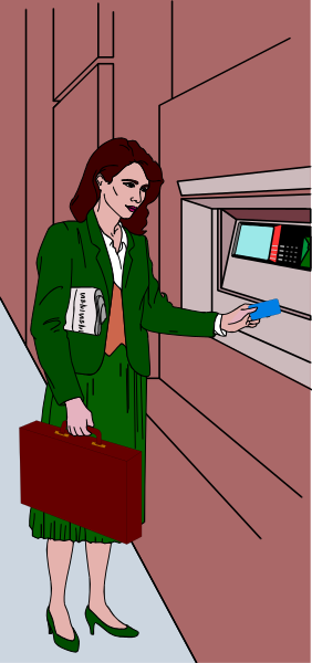The illustration shows a woman standing at an ATM machine inside of what appears to be a bank lobby with red walls in the background. She is dressed professionally wearing a skirt suit and heels, holding her purse on one arm while using the other hand to insert money into the slot for deposit or withdrawal.