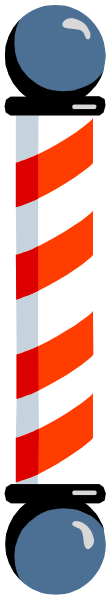 The image shows a red barber pole with blue balls on top of it against a gray background.