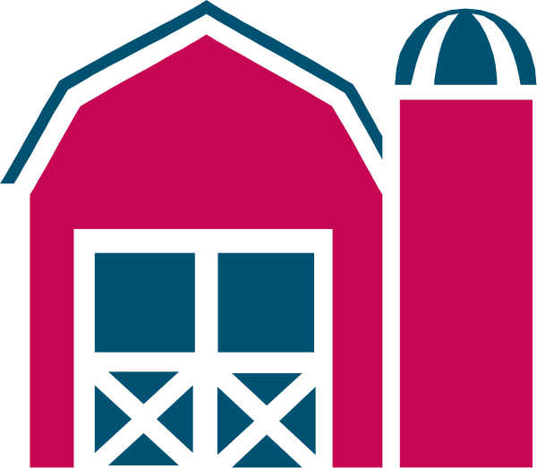 The image shows a stylized illustration of an old red barn with white trim next to it is a silo in black coloring.