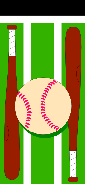 The image shows a black and white graphic with two baseball bats crossed over each other against a green background on top of which is an abstract design resembling a flagpole in red and blue stripes, featuring what appears to be a small circular object atop it that could represent the globe.