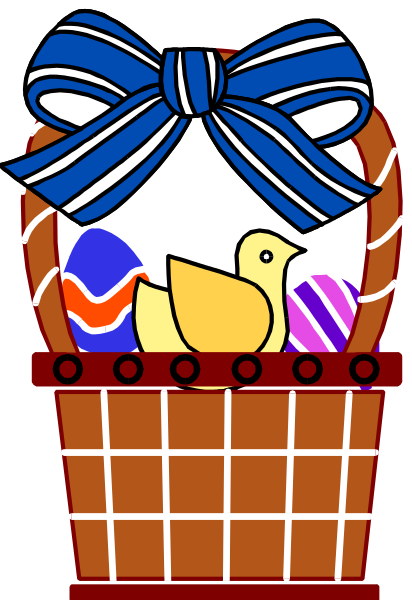 The illustration shows a basket filled with Easter eggs containing candy inside it; there is also an adorable yellow chick sitting in front of the basket on top of some colorful striped fabric that resembles grass, and tied to this cloth is a blue ribbon bow atop the basket's handle.
