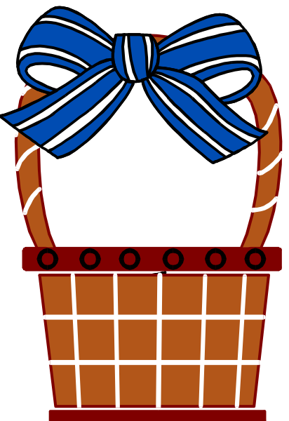 The image shows a red basket with white handles adorned by blue ribbon tied into a bow on top of it against a plain background.