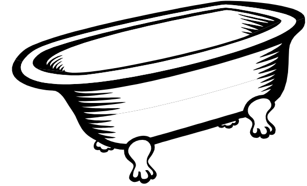 The black and white illustration shows a bathtub with two rubber duckies inside it on top of what appears to be an ice cream cone-shaped surface in front of which there is another similar tub upside down, suggesting that one might have been used for bathing while the other was repurposed as a container.