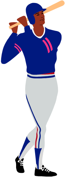 The image shows a black and white illustration of an athlete holding two baseball bats crossed over each other with their back to us; we can see only one leg in motion as if running towards home plate, wearing striped socks that match the uniform's color scheme which includes red, blue, yellow.