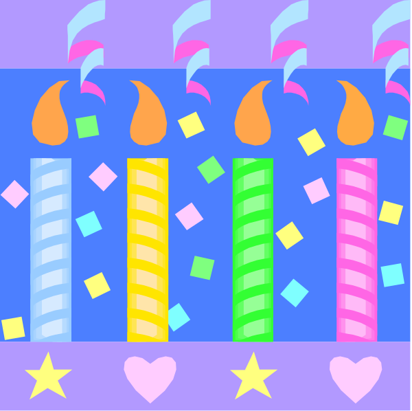 The image shows a colorful birthday cake with candles on it against a blue background adorned with party decorations such as confetti and stars.