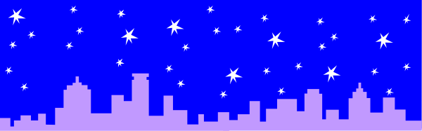 The image shows a night sky with stars above an urban cityscape featuring buildings illuminated by lights against a dark background; there is no text present in this clip-art illustration.