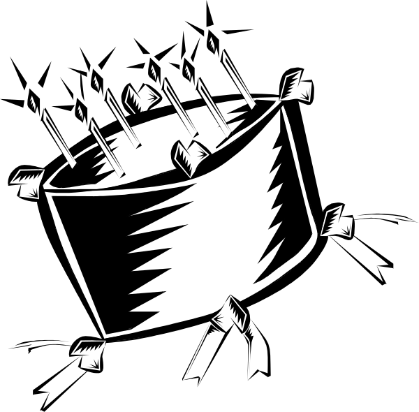 The black and white silhouette of a person holding an umbrella on top of another figure's head with multiple other figures in various poses around them against a dark background.