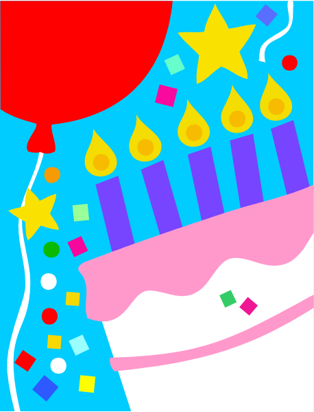 The image shows a colorful birthday cake with candles on it next to balloons that say "Happy Birthday" in red letters against a blue background; there is also an illustration of confetti above and below the cake, suggesting celebration.