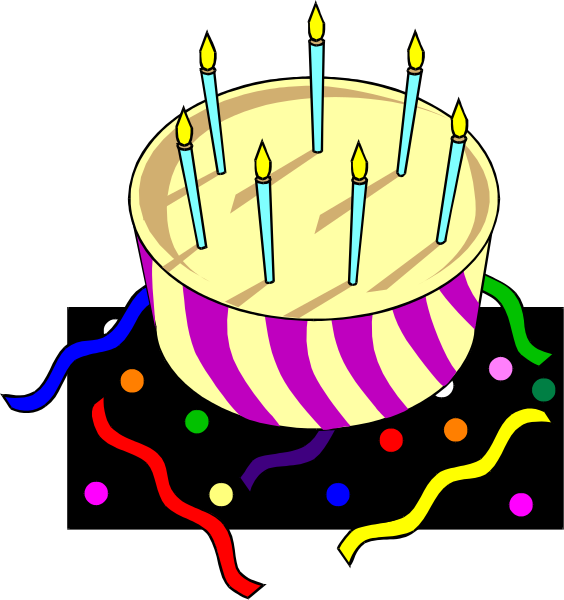 The image shows a birthday cake with candles on it placed next to confetti that includes party streamers of various shapes like hearts and stars in different pastel shades such as purple, pink, blue, yellow, green, orange, red, white, black, gray, brown, beige.