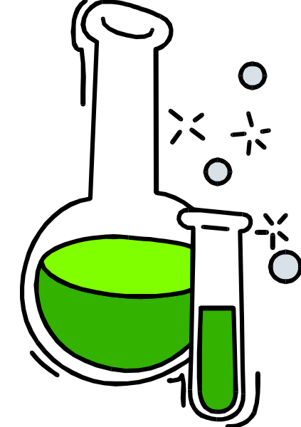 The black and white illustration shows a beaker with two test tubes containing green liquid on top of it; there is also an image of three drops in front of one tube.