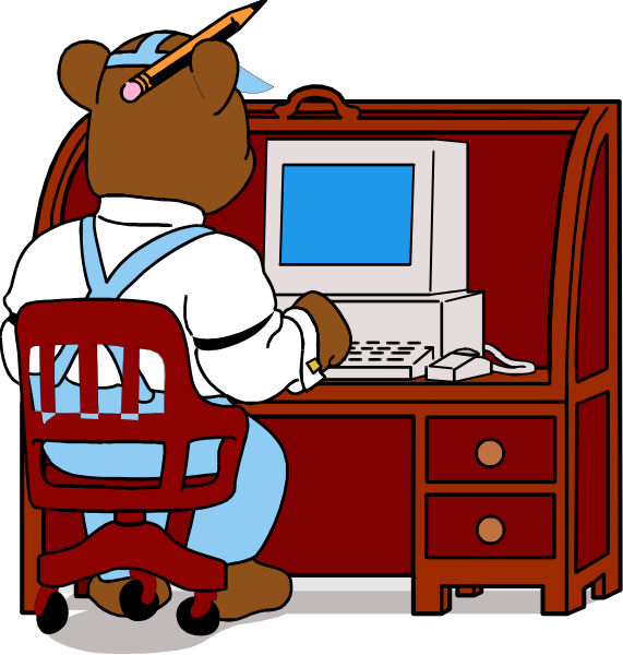The cartoon depicts a teddy bear sitting at an office desk with a computer monitor on it, typing into a keyboard while wearing glasses over its eyes.