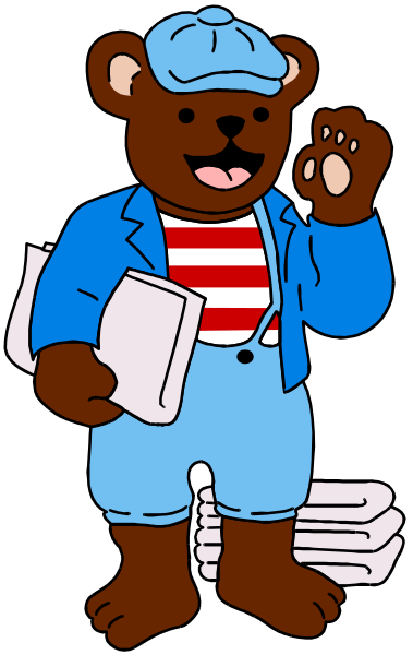 The cartoon depicts a brown teddy bear dressed as an old man with overalls holding papers, standing next to what appears to be trash cans in front of him; he is smiling broadly while waving his right hand towards us.