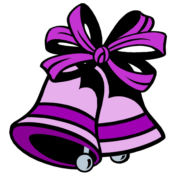 The image shows a purple bell with bows on it hanging from an unseen surface against a black background.
