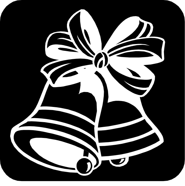The black and white illustration shows a bell with two bells hanging from it by their handles; each handle has an eye hook at one end for attachment to another object. A large bow is tied around both of these bells, creating a decorative effect on top of them.