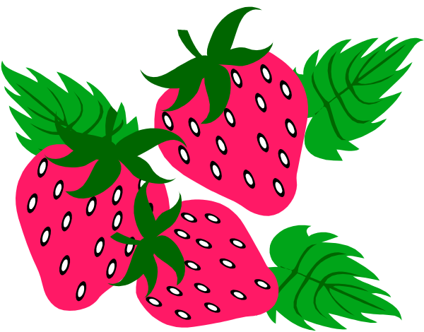 The image shows a cartoon of four strawberries with green leaves on them against a black background.