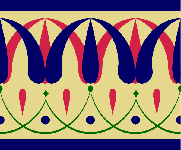 The image shows a stylized decorative border with abstract floral patterns featuring blue flowers on red leaves against a yellow background, bordered by green lines that resemble vines; there is no text present in this clip-art illustration.