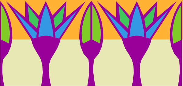 The image shows a row of stylized plants with purple flowers against an orange background.