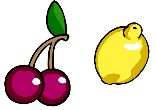 The image shows a cartoon of two cherries with stems on top left corner against black background; an orange fruit in center right side.