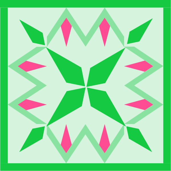 The image shows a stylized geometric pattern with pink and green accents against white background.