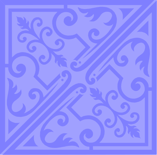 The image shows a blue tile with an intricate design featuring symmetrical patterns that resemble stylized leaves within borders of swirling lines on either side.