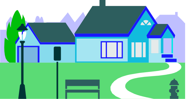 The image depicts a suburban scene with two houses on either side of a street; there is no visible activity as it appears to be an illustration rather than a photographic representation.