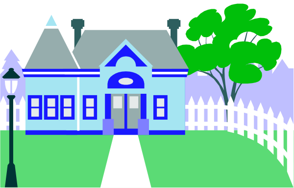 The image shows a stylized depiction of an old house with white walls under a blue sky on what appears to be a sunny day; there is no text present in this clip-art illustration, which features simple line drawings and flat shading without any visible action or movement taking place.