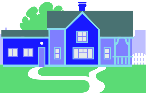 The image shows a stylized depiction of an idyllic suburban house with blue walls under a clear sky during daylight hours; there is no visible text in this clip-art illustration.
