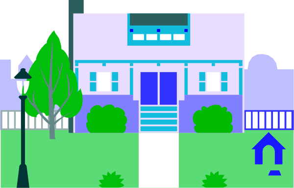 The image shows a pixelated depiction of an old two story house with white walls under a dark sky at nighttime. In front is a small yard with green grass and trees on either side. A sidewalk leads to steps leading up to the door, which has blue trim around it. There's no visible activity or people in this scene; only objects are present: building (house), tree(trees) lawn/yard, street lamp post, house number 1234567890, and a small sign with an arrow pointing upwards on the right side