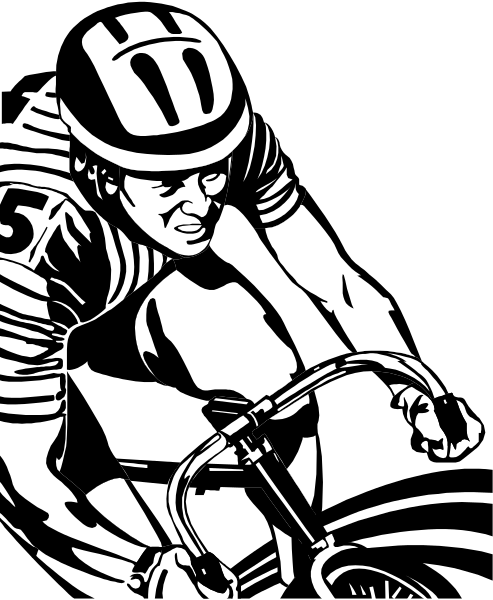 The black and white illustration shows a cyclist riding on pavement with his hands gripping handlebars while wearing a helmet for safety during this activity.