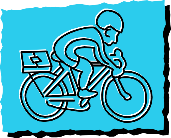 The black and white line drawing depicts a person riding an old bicycle with a basket on it down what appears to be a street next to some buildings.