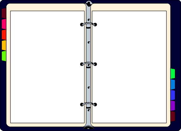 The image shows a blue binder with two holes on its left side against a white background.