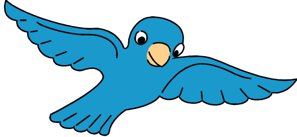 The image shows a cartoon blue bird with wings spread wide flying against a black background.