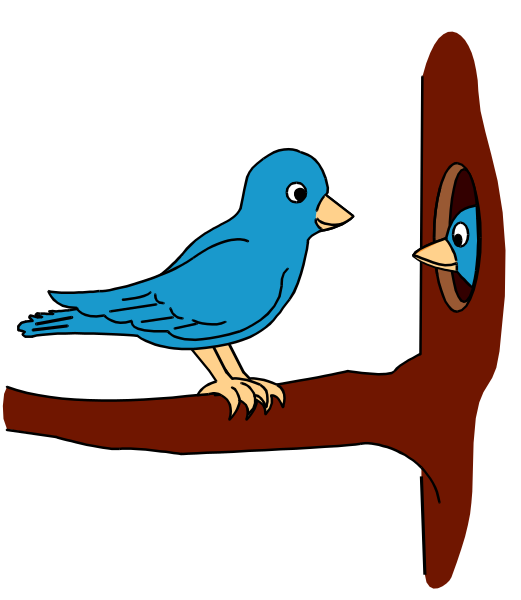 The cartoon shows a blue bird sitting on top of an open red book with yellow pages inside it; to its right is another smaller image within the frame depicting two birds looking at each other through what appears to be a mirror, and in front of them sits a small round object that resembles a magnifying glass.