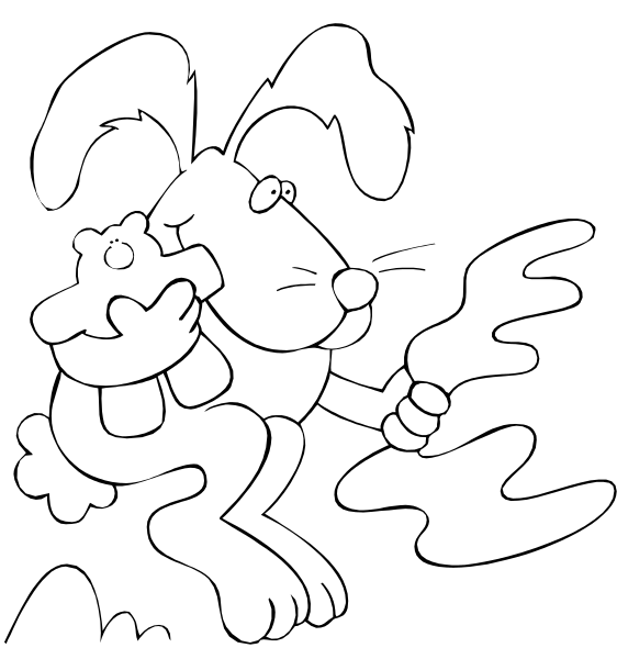 The black and white illustration shows a cartoon dog holding an object that resembles a baby rabbit with its arms outstretched as if it's flying through mid-air against a dark background, giving no indication of setting or action other than this central activity.