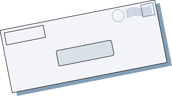 The image shows a simple black and white line drawing of an envelope with two flaps on top left side against a plain background.