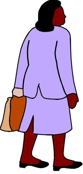 The image shows a cartoon of an elderly woman walking with her handbag on her shoulder against a gray background; she is wearing blue clothing and has red hair.