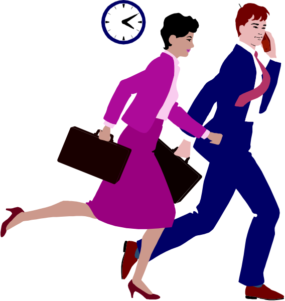 The illustration shows a man running ahead of a woman who appears to be walking at an average pace; both individuals have business attire with ties visible on their shirts, suggesting professional contexts such as workplaces or formal events. They seem to be in motion against a backdrop that includes what looks like a clock and possibly some text elements not fully legible due to the resolution of this image. The style is reminiscent of simple line art commonly used for educational materials or presentations, with flat colors and minimal shading details.