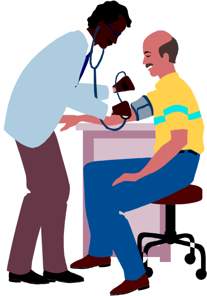 The illustration depicts a man sitting at an examination table with his arm resting on it while another person is taking blood pressure readings from him using a stethoscope.