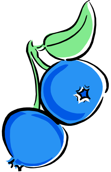 The image shows a cartoon of three blueberries with green leaves on top against a black background.