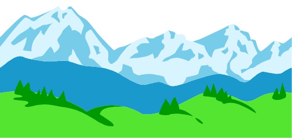 The image shows a pixelated landscape with mountains on either side of a valley filled with trees under a clear sky.