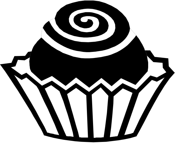 The black and white logo features a cupcake with an icing swirl on top inside of a paper wrapper that has lines indicating its ridged texture. To the left is a spiral design resembling chocolate frosting, suggesting it's part of the brand identity for something related to desserts or baked goods. The overall style appears clean and modern with an emphasis on simplicity in color choice while still conveying recognizable symbols associated with sweet treats like cupcakes.